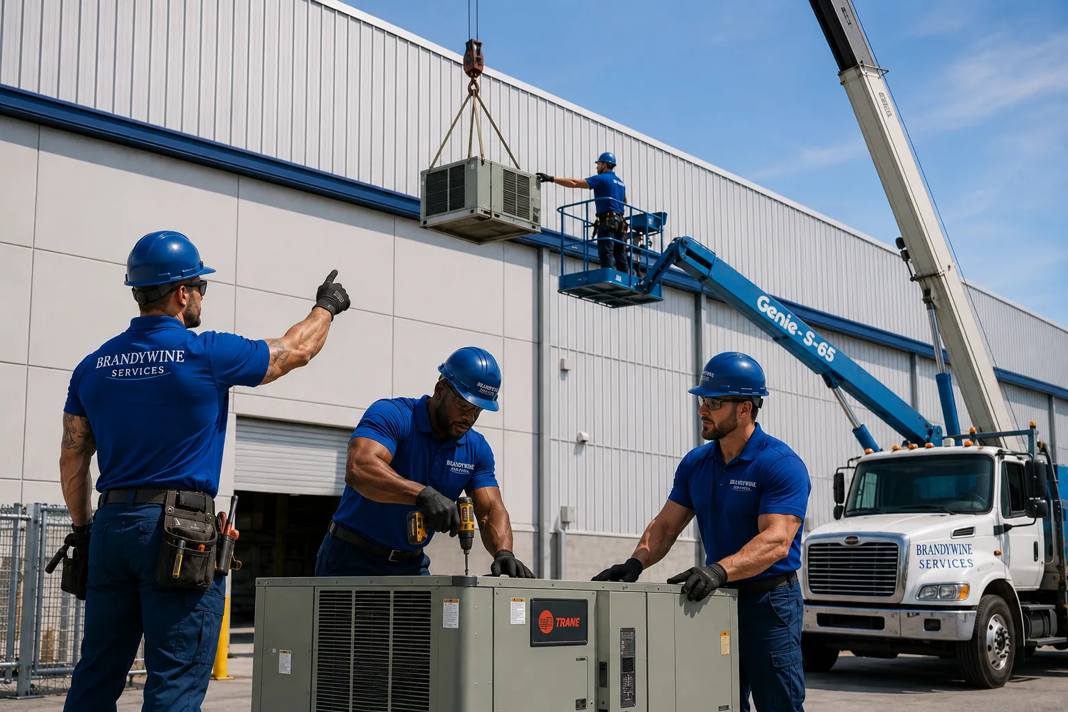 Brandywine Services technician on an HVAC installation job site